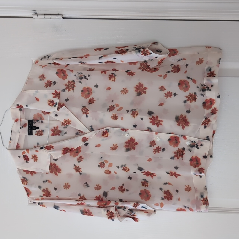 Rag & Bone Sheer Blouse with Red and Black Floral Design